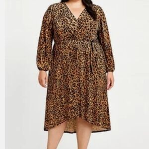 Nurture Faux Wrap High-Low Balloon Sleeve Velvet Dress: Brown Animal Size- 3X